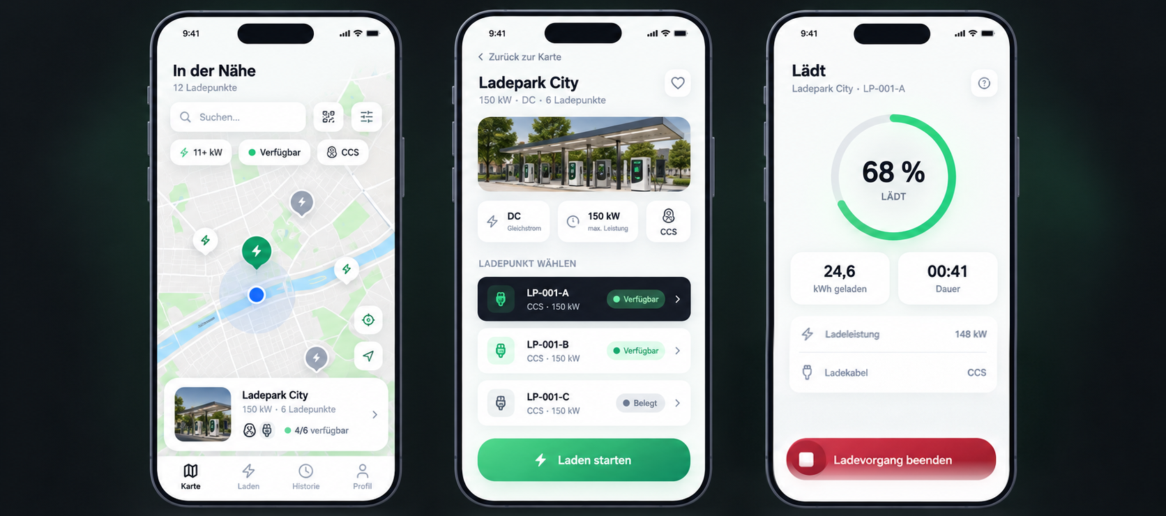 Drei Ansichten der Charging+ App: Ladepunkte auf der Karte, Ladepunkt-Auswahl und laufender Ladevorgang.